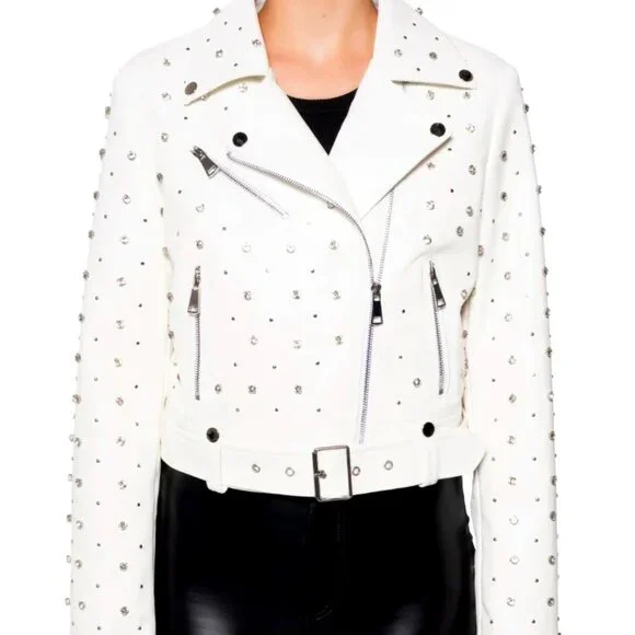 Callie Lives For The Win Azalea Wang White Rhinestone Moto Jacket M L XL - Picture 1 of 5